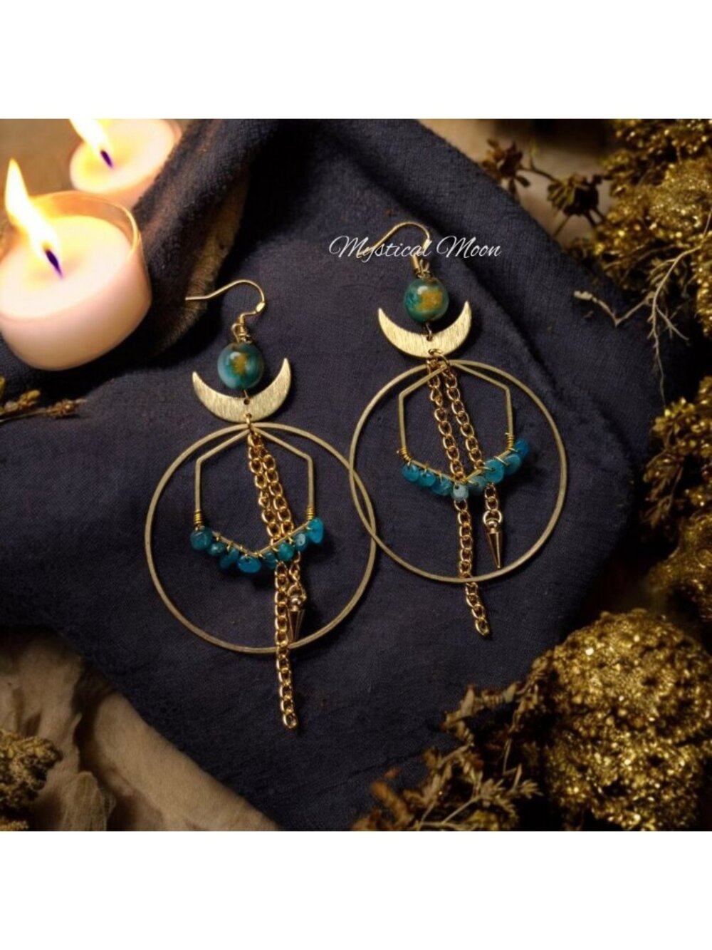 Cosmic Oversized Earrings Geometric Hexagon Turquoise Gemstone Beaded Crescent